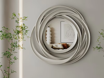 Modern Circular Layered Ring Design Wall Mirror With Indoor Plants And Decorative Reflection 3d model