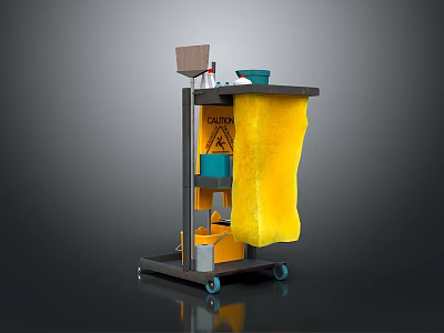 Practical Mobile Cleaning Cart With Yellow Cloth Caution Sign Brush And Bowl 3d model