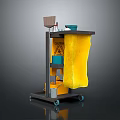 Practical Mobile Cleaning Cart With Yellow Cloth Caution Sign Brush And Bowl