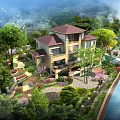Stunning Garden Landscape Design With Luxury Villa Lush Trees Flowers And Waterfront