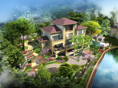Stunning Garden Landscape Design With Luxury Villa Lush Trees Flowers And Waterfront 3d model
