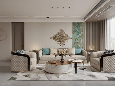 Modern Living Room Interior With Beige Sofa Marble Coffee Table Decorative Wall And Area Rug 3d model