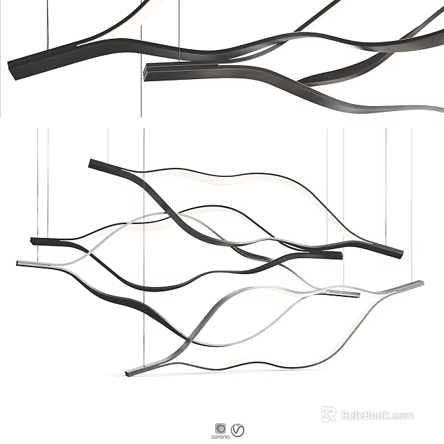 Modern Minimalist Chandelier Featuring Wavy Black Metal Lines For Interior Design 3d model 