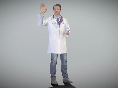 Man Waving Hand in White Doctor Coat With Stethoscope ID Badge on Gray Background 3d model