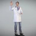 Man Waving Hand in White Doctor Coat With Stethoscope ID Badge on Gray Background