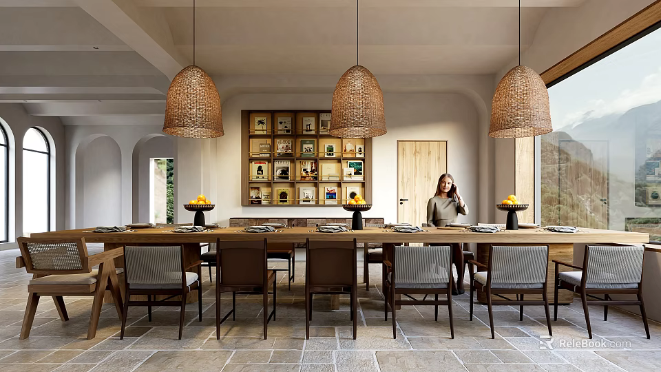 Rustic Restaurant Interior With Wicker Pendant Lights Decorative Picture Frames And Long Wooden Dining Table 3d model 
