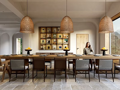 Rustic Restaurant Interior With Wicker Pendant Lights Decorative Picture Frames And Long Wooden Dining Table 3d model