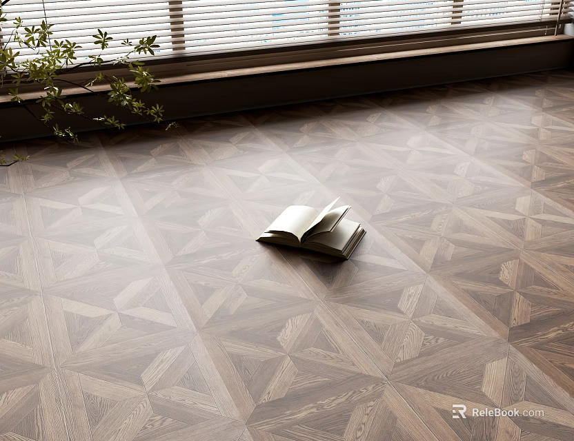 Geometric Pattern Hardwood Flooring Near Window With Book And Plant 3d model 