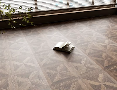 Geometric Pattern Hardwood Flooring Near Window With Book And Plant 3d model