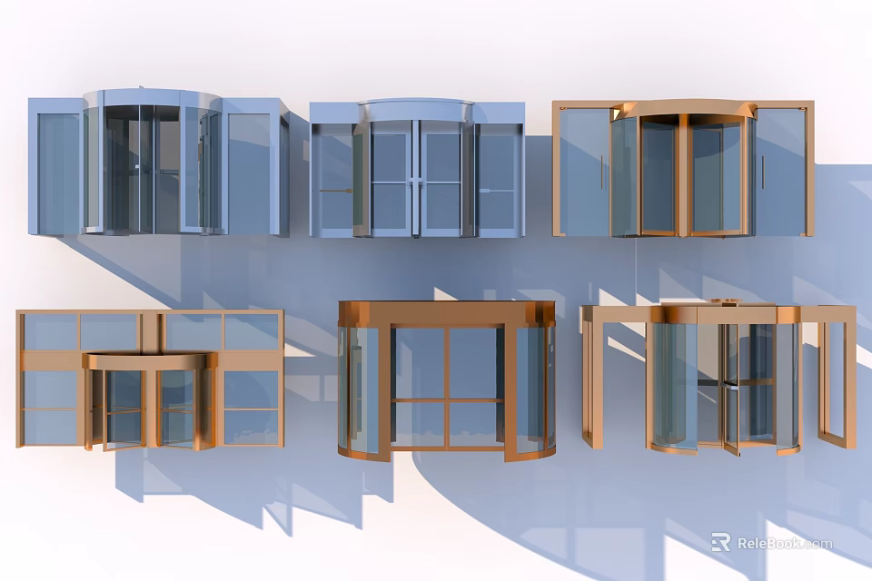 Various Modern Revolving Doors With Glass Panels Metal Frames And Different Colors 3d model 