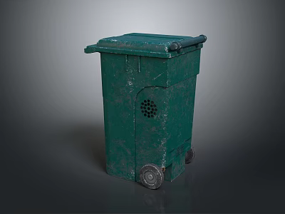Green Public Trash Can With Worn Surface Wheels And Vent Holes In Urban Areas 3d model