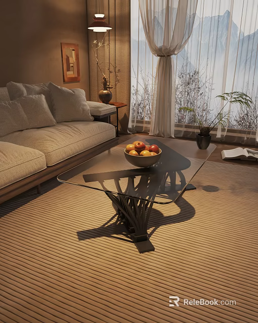 Modern Glass Coffee Table With Metal Base And Fruit Bowl In Living Room 3d model 