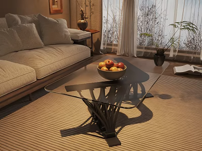 Modern Glass Coffee Table With Metal Base And Fruit Bowl In Living Room 3d model