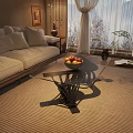 Modern Glass Coffee Table With Metal Base And Fruit Bowl In Living Room