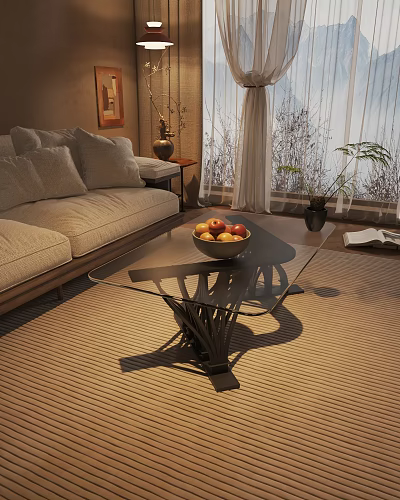 Modern Glass Coffee Table With Metal Base And Fruit Bowl In Living Room 3d model