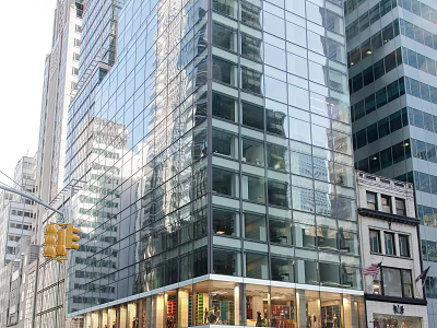 Bright Modern Commercial Storefront Window Display Along Downtown Urban Street Beneath Glass Curtain Wall Building 3d model