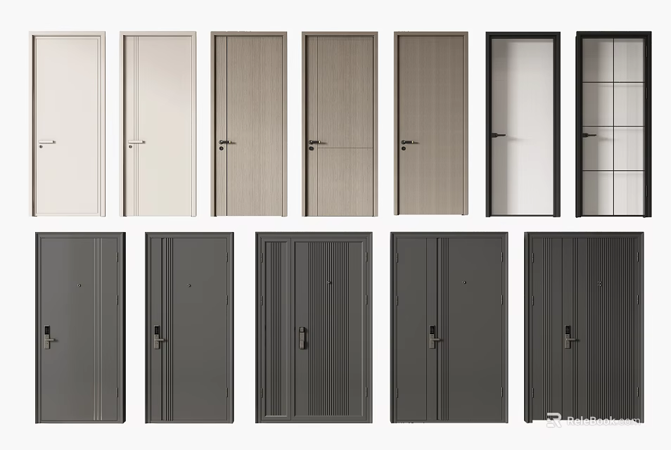 Various Modern Hinged Doors With Different Colors And Wooden Glass Panel Designs 3d model 