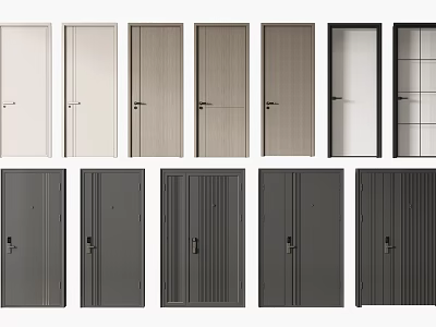 Various Modern Hinged Doors With Different Colors And Wooden Glass Panel Designs 3d model