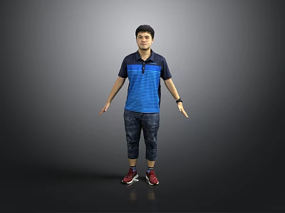 Man Wearing Blue Black Striped Polo Shirt Jeans Red Sneakers With Arms Outstretched Gray Background 3d model