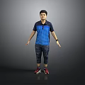 Man Wearing Blue Black Striped Polo Shirt Jeans Red Sneakers With Arms Outstretched Gray Background