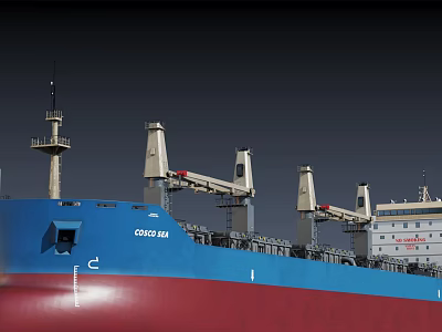 Large Cargo Ship COSCO Shipping With Blue Red Hull And White Cranes 3d model
