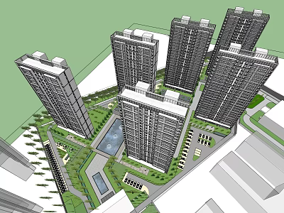 Modern High Rise Residential Complex Featuring Central Pool Green Area And Landscape Design 3d model