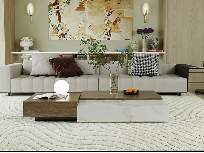 Modern Minimalist Sofa and Coffee Table Set with Pillows Vase Fruits and Decorative Painting 3d model