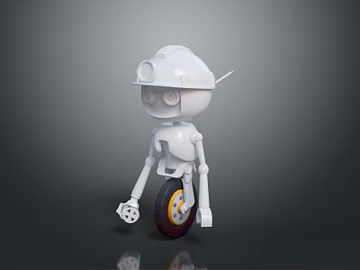 White Helmet Robot Character With Antenna Single Wheel And Mechanical Arms For Game Or Movie 3d model