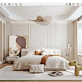 Modern Bedroom Interior With Cozy Bed Artwork Woven Chandelier And Soft Rug