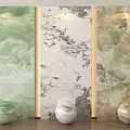 Light Green White with Gray Veins and Beige Marble Background Wall Featuring Spherical Decor Items