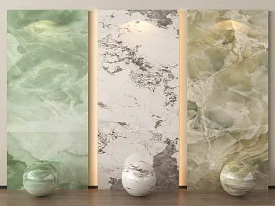 Light Green White with Gray Veins and Beige Marble Background Wall Featuring Spherical Decor Items 3d model
