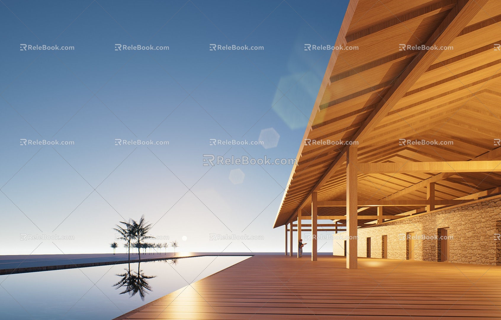 Modern wooden house slope roof building seaside restaurant post building beach wooden house seaside commercial gallery 3d model