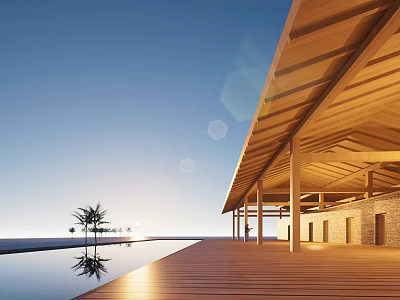 Wooden Pergola Outdoor Scene With Blue Sky Water Surface And Palm Trees Under Sunset Light 3d model
