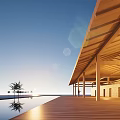 Wooden Pergola Outdoor Scene With Blue Sky Water Surface And Palm Trees Under Sunset Light