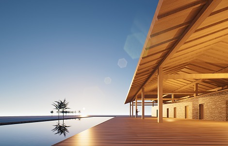 Modern wooden house slope roof building seaside restaurant post building beach wooden house seaside commercial gallery 3d model