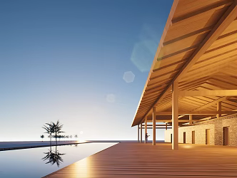 Modern wooden house slope roof building seaside restaurant post building beach wooden house seaside commercial gallery 3d model