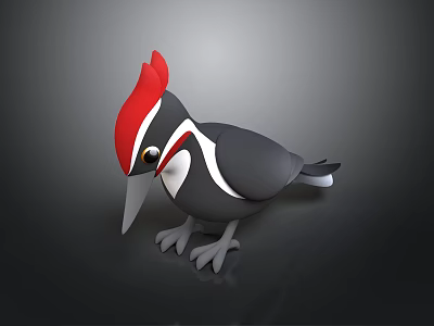 3D Woodpecker with Red Crest Black Body White Stripes Long Beak Standing on Dark Background 3d model
