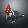 3D Woodpecker with Red Crest Black Body White Stripes Long Beak Standing on Dark Background