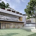 Modern Commercial Street with Starbucks Costa Coffee Modern Buildings Outdoor Seating and Trees