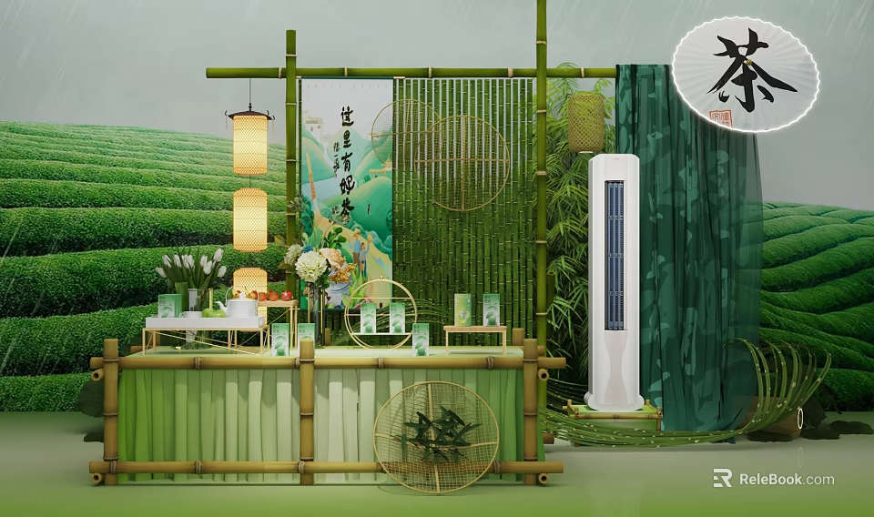 Tea Theme Photo Check In Spot With Bamboo Decor Green Tea Field Backdrop And Lanterns 3d model 