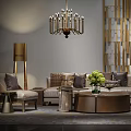 Luxury Modern Sofa With Pillows And Round Coffee Table With Chandelier Floor Lamp Decorative Grille
