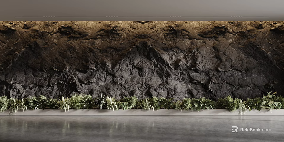 Rock Texture Stone Background Wall With Green Plants In Modern Interior Design 3d model 