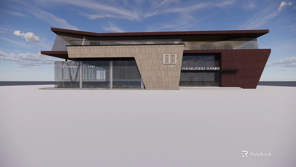 Modern Sales Office Building With Glass Curtain Wall And Unique Roof Design 3d model 