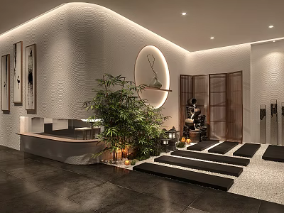 Modern Shop Reception Area With Green Plants Wall Art And Lighting 3d model