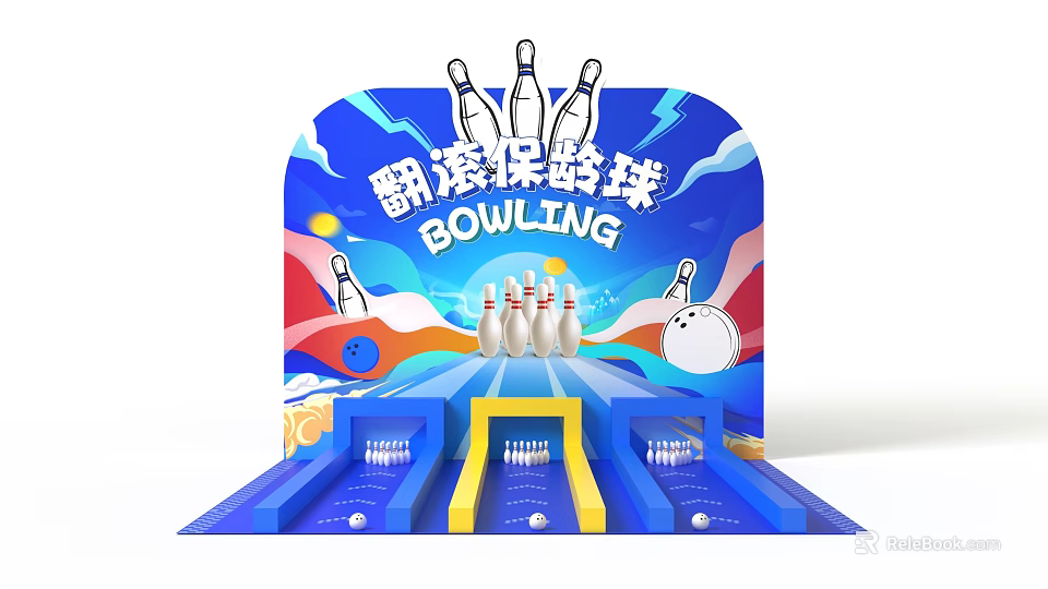 Interactive Bowling Game Area With Colorful Pins And Ball Design 3d model 