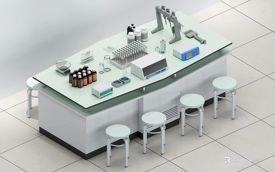 School Laboratory Setup With Modern Lab Bench Reagent Bottles Test Tube Racks And Stools 3d model 