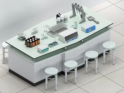 School Laboratory Setup With Modern Lab Bench Reagent Bottles Test Tube Racks And Stools 3d model