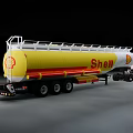 White And Yellow Shell Tanker Truck Moving On Road With Trailer