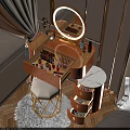 Elegant Brown Dressing Table with Round Mirror Open Drawers and Gold Stool 3d model