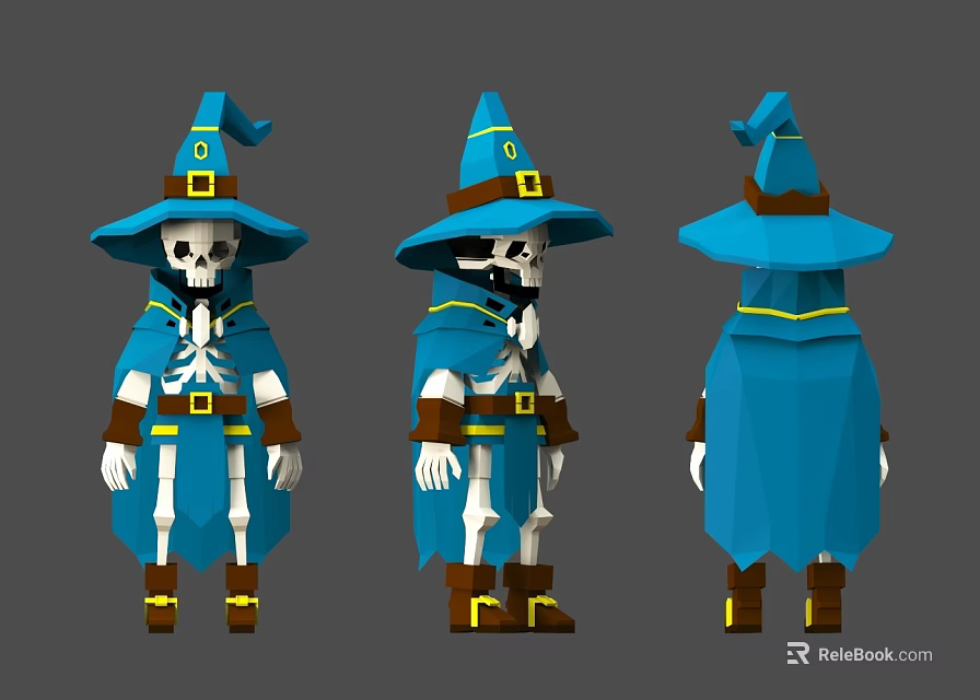 Game Film Character Skeleton Wizard With Blue Cloak Yellow Belt And Boots Three Views 3d model 
